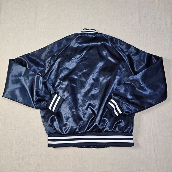 VINTAGE CHALK LINE SATIN JACKET Made In USA Navy Blue Snap Button Size Medium so - Picture 2 of 6